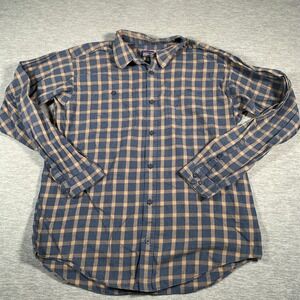 Patagonia Shirt Mens Large Blue Tan Plaid Organic Cotton Button Down Flannel